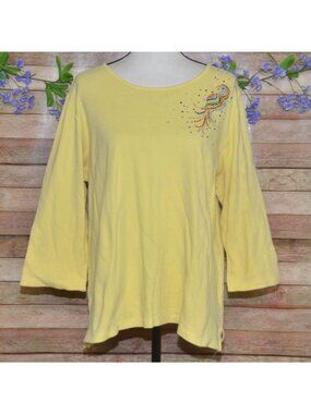 Quacker Factory Yellow Top Rhinestone Bling Bird Parrot Size L Cotton Resort